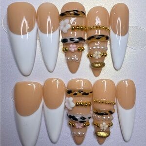 Nude & White French Tip Press-On Nail Set with Gold Beads and Floral Accents